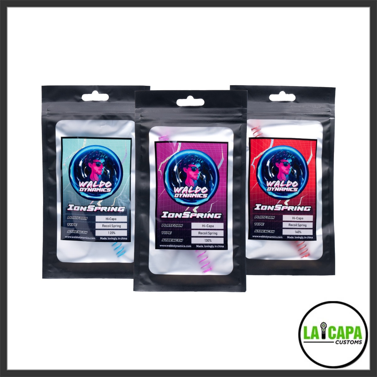 Three Waldo Dynamics IonSpring Hi Capa recoil spring packages showing 120%, 130% and 140% strength variants in teal, purple and red label designs.