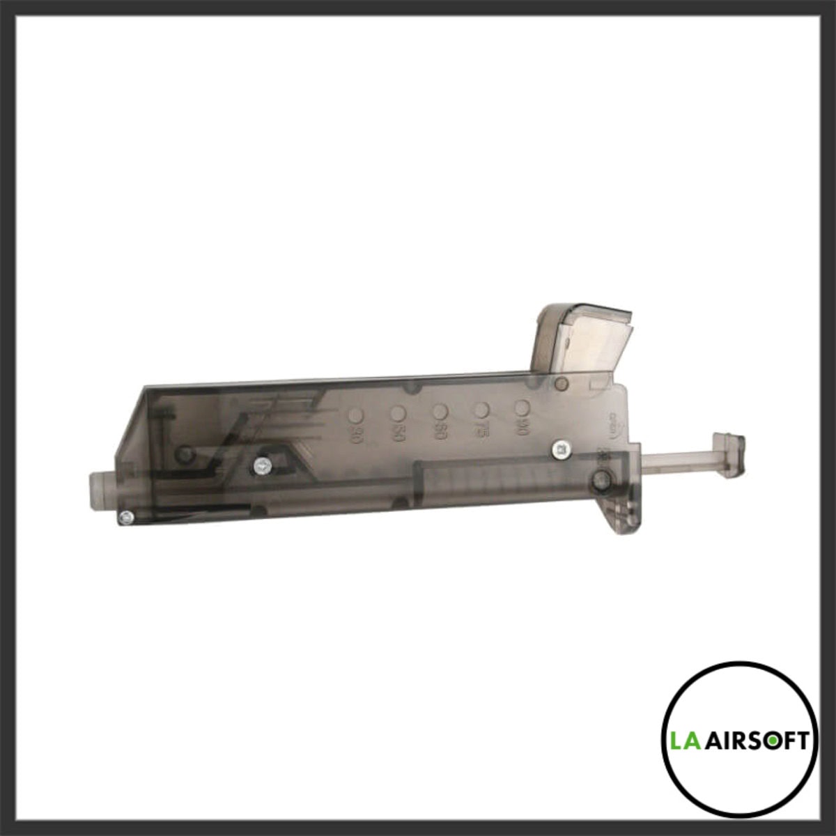 Walther airsoft speed loader in smoked translucent grey, shown from the side with BB capacity markings visible on the body.