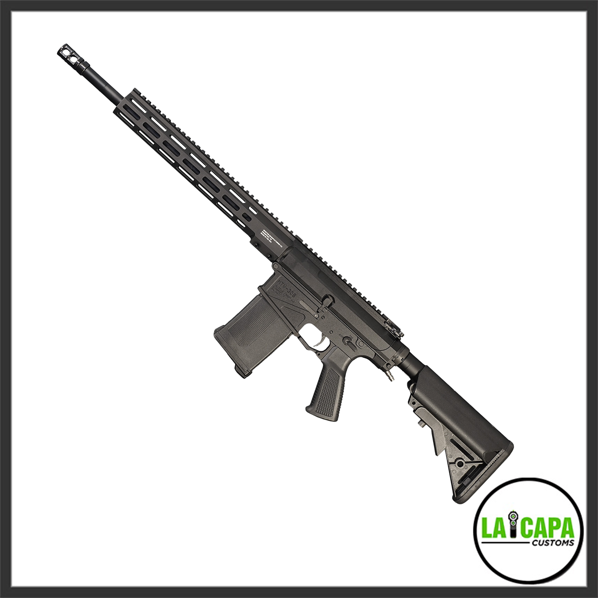 Wolverine Airsoft MTW-308 airsoft rifle in black with M-LOK handguard and collapsible stock, shown in left-side profile.