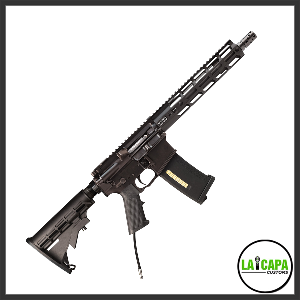 Wolverine Airsoft MTW Forged Series HPA airsoft rifle in black with M-LOK handguard and extended magazine, shown from the left side.