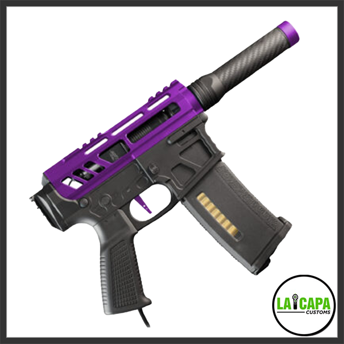 Wolverine Heretic Labs Article I HPA airsoft pistol build in purple and black, shown from the left side at a diagonal angle.